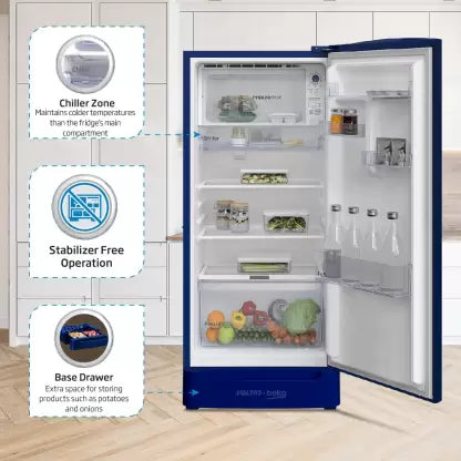 Voltas Beko 183 L Direct Cool Single Door 4 Star Refrigerator with Base Drawer (Dahlia Blue, RDC215B / W0DBR0M0B00GO) Voltas Beko 183 L Direct Cool Single Door 4 Star Refrigerator with Base Drawer (Dahlia Blue, RDC215B / W0DBR0M0B00GO)